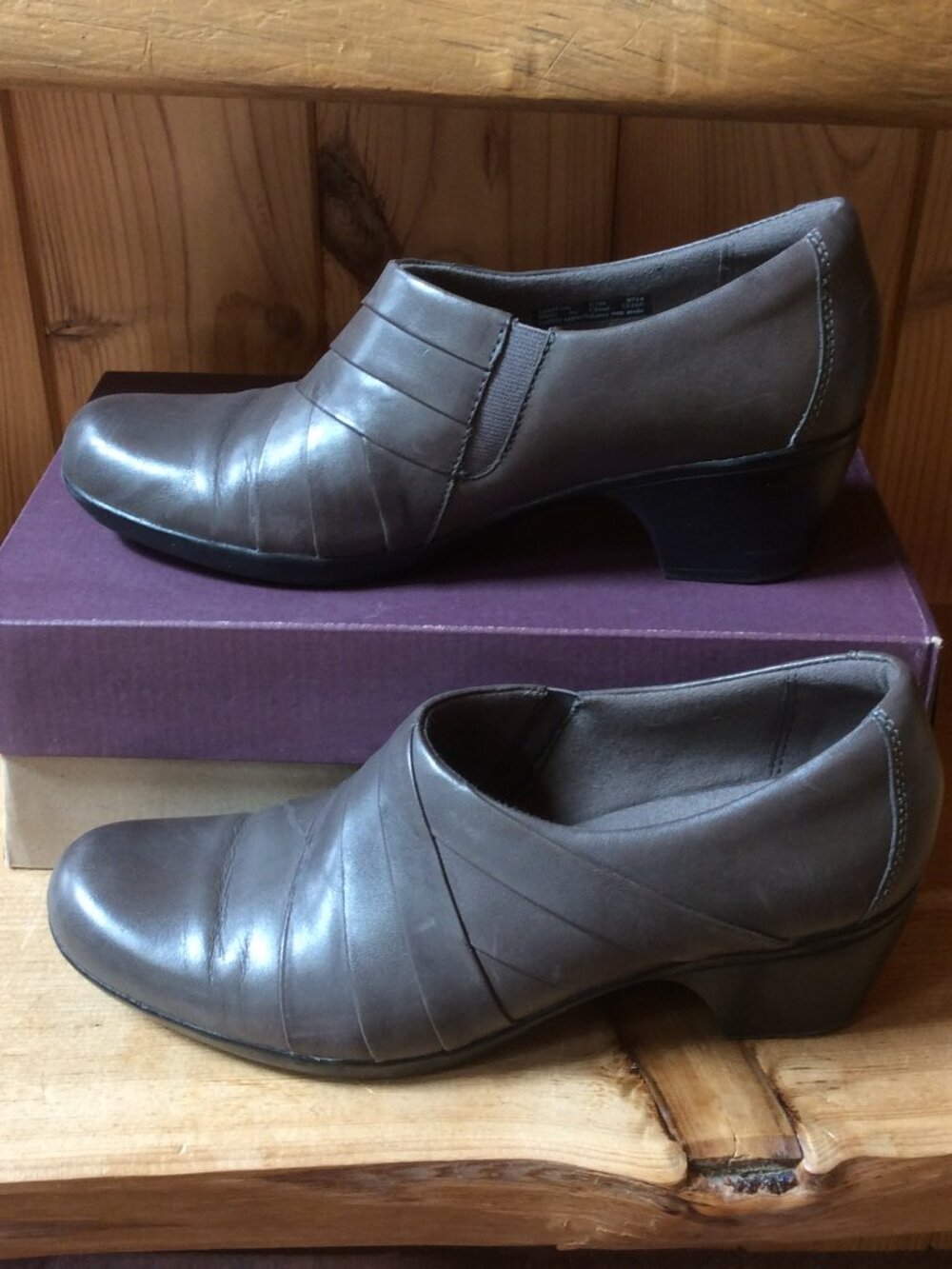 Clarks Ingalls Tempo Grey Leather Slip On Comfort Heels Size 9.5